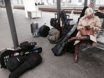 We don't travel light.  Here's Tracy at the Wurzburg train station with our 7 guitars, drums and amps + luggage.
