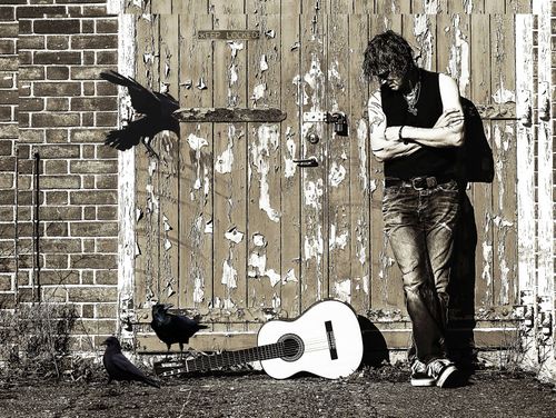Pom Guitarist standing with 3 crows and a guitar