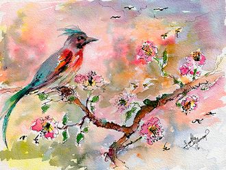 Spring Blossoms Bird in Tree Original watercolor and ink
