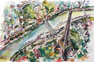 Paris Eiffel Tower Arial View Watercolors