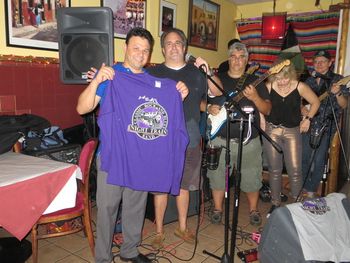 THE BAND PRESENTS AN OFFICIAL NIGHT TRAIN T-SHIRT TO RUBEN HIMSELF - RUBEN'S MEXICAN CAFE - 8/30/13
