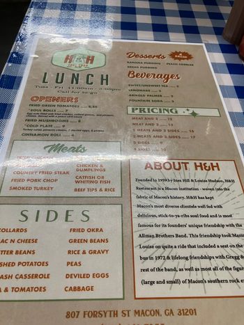 H&H restaurant menu
