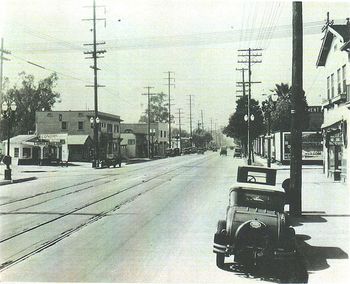 Looking west on Santa Monica Blvd. just east of Gower (1928) - Studio is on the left by the first big tree

