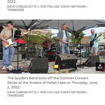 From a full-page Nashville Tennessean newspaper article about the Streets of Indian Lake summer concert series. The Spyders played here 4 years, opening the schedule twice and closing it once.
