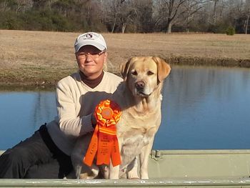 1-9-15    Angie and Grace qualified in the Cape Fear AKC Master event at Rocky Point, NC this weekend. This gives Grace four of the six qualifying scores needed in order to receive an invitation to compete in this years National event. The club put on a great event and Judges Keith Maready and Peter Zelechoski set up some very challenging tests. It was 28 degrees when the dogs went to work on Friday morning.....the handlers were struggling with the freezing temp and wind but the dogs were loving it.
