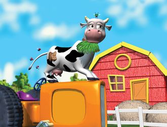 Image of cow on a tractor from the book, song and video "Black and White Cow" by Rainbows and Sunshine.