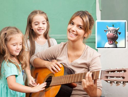 Woman with guitar and 2 children watching her.