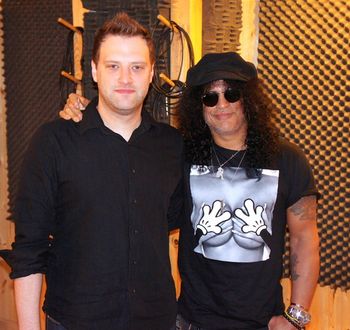 Slash and Chief Engineer/Producer Colin Coffey tracking together at JSR studios.
