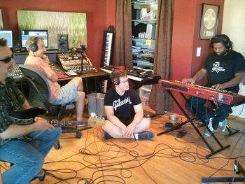 Jeff, Scott, and Alex (friend on floor) watch Amo making magic at Red Onion Recording.
