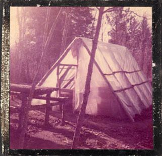 Temporary abode while building cabin. We read at night by the northern lights
