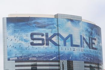 poster of Skyline covering the side of the Marriott Hotel
