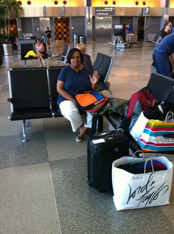 At the airport with bags of backpacks!
