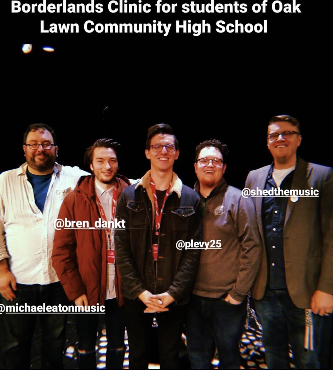 Borderlands Trio (Rocky Martin, Brenden Keller-Tuberg, Michael Eaton) presented two, hour long masterclasses at Oak Lawn Community High School in Oak Lawn, IL on February 28, 2020 (shown here with Oak Lawn band directors).