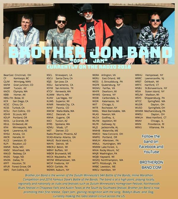 Brother Jon Band has been all over the radio with their song Bobby's Blues and their second release Dog. In 2016 The band won Famous Dave's Battle of the bands, Also that year voted best album by Duluth Minnesota's 94x. In 2018 the band was runner up in Minnesota's Road to Memphis competition. 2019 voted favorite band by KFAI and Minnesota Music