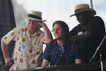 Sharing a good time and a few laughs on stage with Dan Treanor and Rex Peoples at Greeley Blues Jam. June 13, 2015.