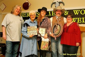 Eli receives her Alberta Women of Country Legend award from Shirley Hartman and friends. Hoadley Alberta