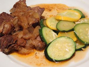 Beef short rib stew & zucchini with garlic and parmesan.