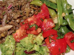 Lentils with red onion and balsamic, guacamole, tomato with basil & beans (Kentucky Wonder, home grown) with garlic and ghee.