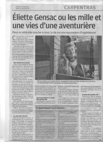Eliette Gensac ou les mille et une vies d'une aventurière (1er partie)... Journal La Provence, 3 mai 2013.