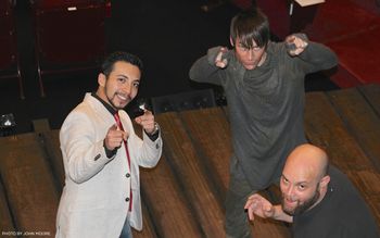 Actor and Fight Captain Andrew Mayer having some pre-show fun with castmates Tony Vincent and Gregory Treco. PHOTOGRAPHER: John Moore/DCPA.