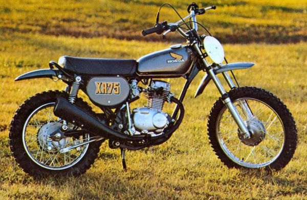 The 1974 Honda XR75... The bike that immediately hooked me and made me OBSESSED over motorcycles! I never got this bike, and still want one to this day (2019), but I've managed to have 30 or so OTHER bikes over the decades. Just not this one. My best friend called me on Christmas morning 1974 and told me to come over and see what "Santa" had left him under the tree. I was already riding the local motorcycle single track trails throughout the woods around my neighborhood on my BICYCLE, PRETENDING (and painfully wishing) I was on my very own motorcycle, and generally aggravating all the other neighborhood kids that had "real motorcycles", and I was at an almost stalker level over all my other friends that had motorcycles when I didn't. I even rode "air" motorcycles sometimes, running along the trails ON FOOT and jumping off the jumps my friends had made, ON FOOT, because I knew my HEAVY bicycle couldn't jump as high as I could on foot, and I just wanted to FEEL THAT FEELING. I even aggravated a fair number of friends, regularly BEGGING them to just let me SIT on their motorcycles in their garages, in some cases, even craving sitting on rusty old dirt bike FRAMES with no engines that friends' fathers had sitting up in sheds and such, awaiting restoration...