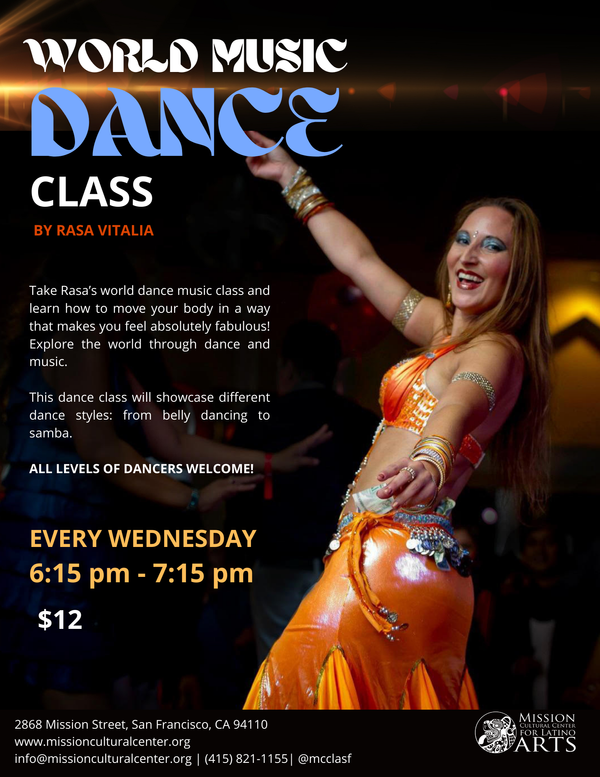 World Dance Wednesdays!
--------------------------
Rasa Vitalia teaches EPIC fun World Dance Wednesdays Workout Classes at Mission Cultural Center, 2868 Mission St at 25th St., San Francisco. $12 Wednesdays 6-7pm. Belly Dance, Salsa, Samba, Cumbia, and More! https://missionculturalcenter.org/
* Video: https://www.youtube.com/watch?v=fbBdR6WOlAo
* RSVP: https://www.facebook.com/events/139570174915842/
💃🕺
More info and class schedule: RasaVitalia.com/classes
Rasa@RasaVitalia.com
415-407-8006