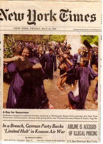 Reena appeared on the Cover of the New York Times on Friday, May 14, 1999. She had just graduated from New York University and took the Traditional "Fountain Frolicking" dip at Washington Square Park as soon as the ceremonies were finished.
