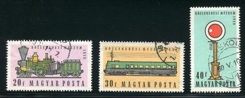1564-1566 1959. Transport Museum Issue. Steam Locomotive "Deru". Ganz diesel rail-car. Early railway signal