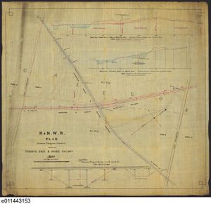 This chart must have been one of the earliest, if not the earliest, to speak to the changes that were to come to Cardwell Junction. 1876-1877. It speaks to the proposed TG&B underpass, and confirms the bridge design that was in fact installed. It also confirms the existence of the TG&B water tank at the 4th Concession in the top left corner of the chart, as well the farm crossings along the route of the TG&B. Library Archives Canada (LAC) e011443153.