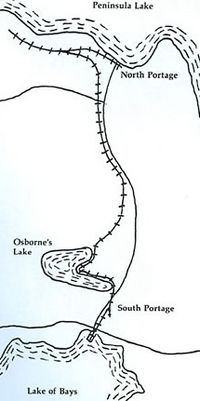 Route map. Note the switchback at North Portage. The Flyer would leave North Portage at the head of its train, and then back all the way to South Portage. The steepest incline was between the switchback and the summit at just over 7 per cent. The sharpest curve was at Osborne Lake.
Courtesy Niall MacKay