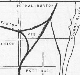 In 1883, the Midland Railway reconfigures the routes through Lindsay and the swing-bridge across the Scugog is abandoned. The wye formation is now reconfigured to route eastbound traffic from the former Victoria Railway mainline. This lasts until 1907 when the successor Grand Trunk Railway builds a more direct line to Midland from downtown Lindsay.