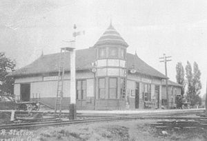 Lorneville Junction Station with turret, likely before the remodelling in 1900.
Larry Murphy Collection.