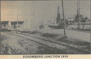 Schomberg Junction, 1919. Looking north. The Schomberg branch is to the left, and the rear of the car appears to be that of 302. To the right is a T&Y radial motor with a cut of flatcars. Source unknown.