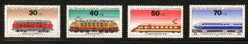 1729 - 1732 1975. In aid of Youth. 1729 Class 218 diesel locomotive 1730 Series 103 Electric locomotive 1731 Series 403 Diesel multiple unit 1732 Transrapid hovertrain (mock-up)