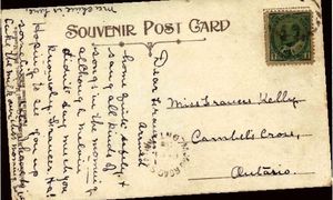 The Revolutionary Split Front Card.
The Canadian Post Ofiice originally decreed that post cards have only the address and stamp on the front with a written message on the reverse. No illustrations were allowed. In a revolutionary change, the split-front card had the address, stamp and message space all on one side of the card. This freed up the entire reverse for illustrative use, enabling picture post cards as we know them today. This is the front or address and stamp side of the Bala CPR summer station card. Note that it was likely mailed from Muskoka but franked on delivery at Mono Road Station, located on the CPR's old Toronto Grey & Bruce 'Horseshoe Curve' line just north of Toronto. This was presumably the closest post office to the card's end destination, in the nearby hamlet of Campbell's Cross.
Author's Collection