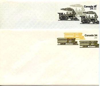 Pre-paid envelopes. With respect to the lower envelope, the reverse advises: Faced with increasing competition from highway transport after the 1914-18 war, railway companies began to acquire more economical self-propelled rail cars. This six-cylinder gasoline-powered car, built by the Ledoux-Jennings Company of Montreal, carried mail, baggage, and passengers on the Temiscouata Railway from 1933 to the early 1940's
