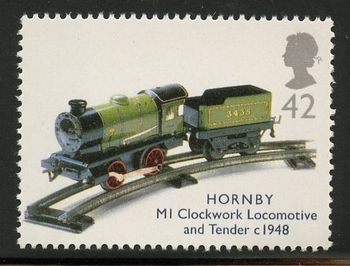 xxxx 2003. This stamp is part of a series celebrating British-made toys. Hornby trains are still today a bright star in the galaxy of British-made toys