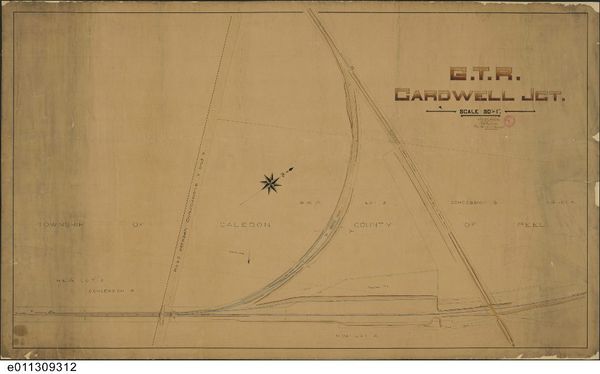 GTR drawing office map dated July 27, 1895, from the Library Archives Canada. Notes: (1) It shows two crossovers on either side of the station. (2) It specifies the long GTR spur to the north of the GTR's mainline from the south switch of the wye to the boundary of the CPR's property. (3) Close-up of the station, from south to north - refreshment room, waiting room, office, baggage room. (4) Both the H&NW and the TG&B spurs served gravel pits. There is no evidence that they were used for passing trains.
