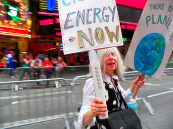 Karen, One of 410,000 at the Peoples Climate March in New York City 2014. "Clean Energy Now"; "There is no "Planet B"