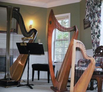 My three harps. This is my home studio where I meet for consultations and for teaching harp and piano lessons for young and old.