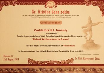 Voletti Venkateswarlu Endowment Award from Sri Krishna Gana Sabha for meritworthy performance of vocal music-2.8.2014