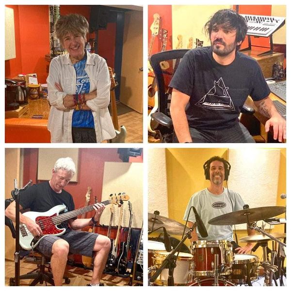 Caught in the Act - top right Tony Correlli engineer/producer. Bass player- Chris Sellman and Marc Lawrence - drummer and back up vocals. Making the record Album 23 - to be released in 2023