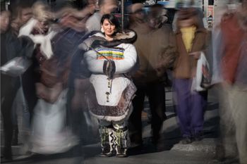 Beatrice wearing the traditional caribou skin amauti she made with Julie Grenier Di Ciero commissioned by the Museum of Man in Paris. September 2015. Photo by Robert Fréchette