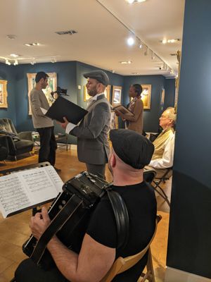 during the recording of Letters from the Affair at the Stern Pissarro gallery. Videographer Cinar, Yoav, Maya, Martin, and Yair