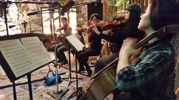 Right to left: Rebecca, cello, Brianna, viola, Jordan, violin and Andrew, violin and concertmaster, strings arranger par excellance, in the studio, November, 2015.