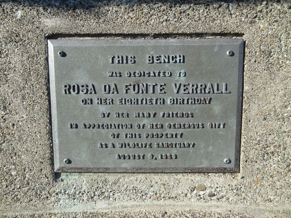 This bench was detected to Rosa da Fonte Verrall on her eightieth birthday by her many friends in appreciation of her generous gift of this property as a wildlife sanctuary August 8, 1963.