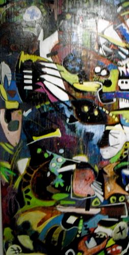 "Crocodile swimmers and a baseball team. Octopi wisdom and a soap opera dream team" 36" X 72" mixed media $2600.00
