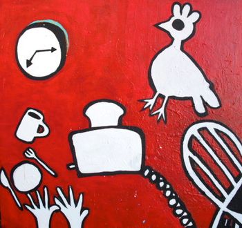 ' I made you eggs but you apparently only like oatmeal and then things got super crazy.' mixed media on canvas 48" X 48" SOLD