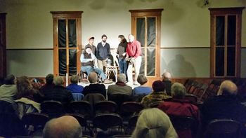 It's hard not to be flattered when some of your favorite singers, song sources and musical inspirations pull you on stage for a group number. Thanks to John Roberts and Debra Cowan for doing so to us AND another great singer Tim Radford during their concert at the Wood's Hole folk Music Society, Wood's Hole, MA. Feb 16, 2017. (Photo by Jan Elliot, I believe)