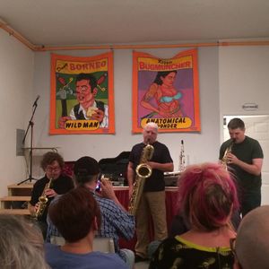 Playing with Bhob Rainey and Vinny Golia at the First Banana Gallery in Philadelphia. Produced by Fire Museum Presents. Photo by Mary Arden.
